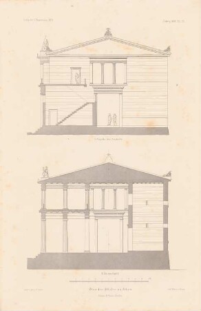 Stoa des Königs Attalos, Athen: Ansicht von Süden, Querschnitt (aus: Atlas zur Zeitschrift für Bauwesen, hrsg. v. G. Erbkam, Jg. 25, 1875)