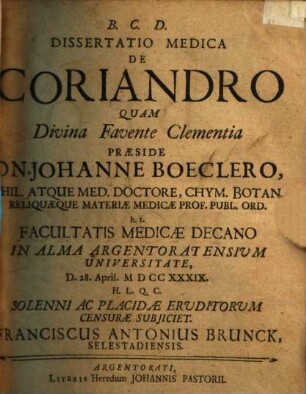 Dissertatio medica de Coriandro