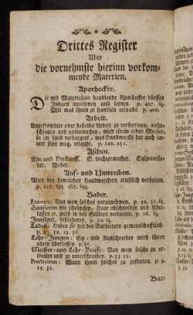5014-, Drittes Register. Uber die vornehmste hierinn vorkommende Materien.
