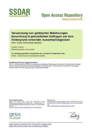 Verwendung von geldwerten Belohnungen (Incentives) in persönlichen Umfragen vor dem Hintergrund sinkender Ausschöpfungsraten