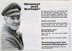 Propagandaflugblatt aus der Friedensbewegung mit dem Aufruf zum Ostermarsch 1961