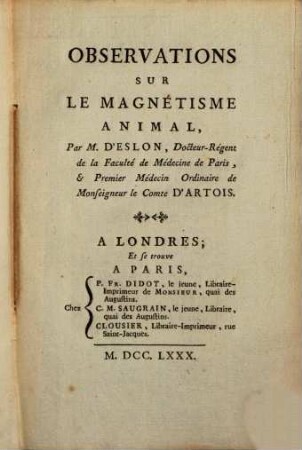 Observations sur le magnétisme animal
