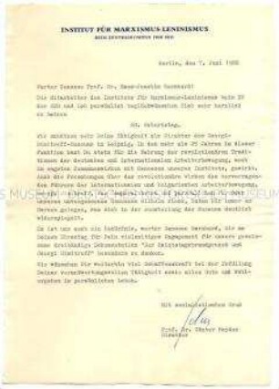 Glückwunschschreiben des Institutes für Marxismus-Leninismus zum 60. Geburtstag - Personenkonvolut
