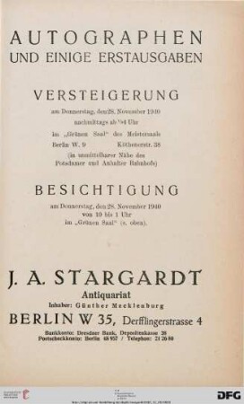 Nr. 448: Katalog / J. A. Stargardt: Autographen und einige Erstausgaben : [darunter Beethovens 5. Symphonie] ; Versteigerung 28. November 1940