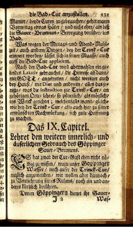 Das IX. Capitel. Lehret den weitern innerlich- und äuserlichen Gebrauch des Göppinger Sauer-Brunnens.