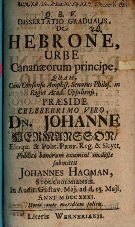 Diss. grad. de Hebrone, urbe Cananaeorum principe
