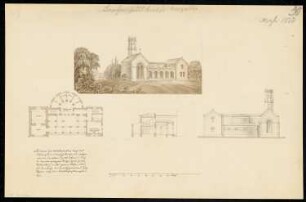 Leichenhaus und Kapelle Monatskonkurrenz Dezember 1833: Grundriss, Aufriss Rückansicht, Querschnitt, perspektivische Ansicht; Maßstabsleiste