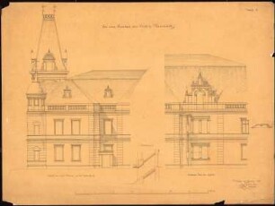 Schloss Kaminietz Erweiterung, 3. Projekt: Aufriss Anbau Gartenseite, Aufriss Mittelteil Ostseite, Maßstabsleiste