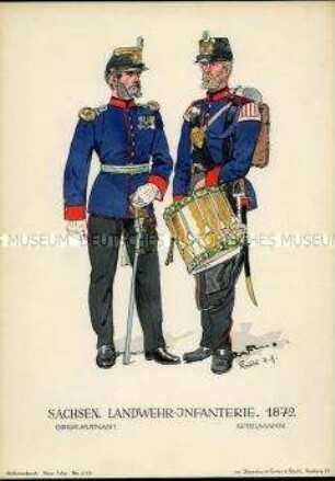 Uniformdarstellung, Oberleutnant und Tambour des Landwehr-Infanterie-Regiments, Königreich Sachsen, 1872.