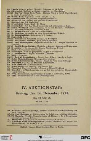 IV. Auktionstag: Freitag, den 14. Dezember 1923 von 10 Uhr ab (Nr. 866-1155)