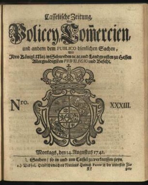 Nro. XXXIII, Montags, den 14. Augustus 1741