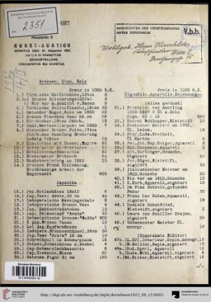 Kunst-Auktion : Sonntag, den 17. September 1922