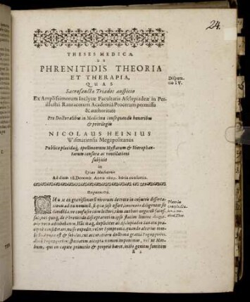 Theses Medica De Phrenitidis Theoria Et Therapia, [...]