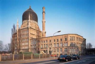 Dresden-Friedrichstadt, Weißeritzstraße 3. Ehem. Orientalische Tabak- und Zigarettenfabrik "Yenidze" (1907-1909, M. Hammitzsch). Blick von der Magdeburger Straße