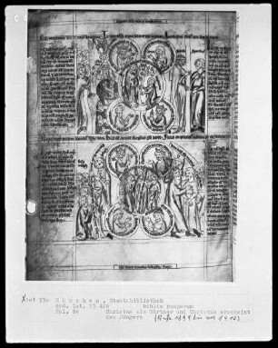 Biblia pauperum — Bildseite mit zwei Gruppen typologischer Szenen, Folio 8verso