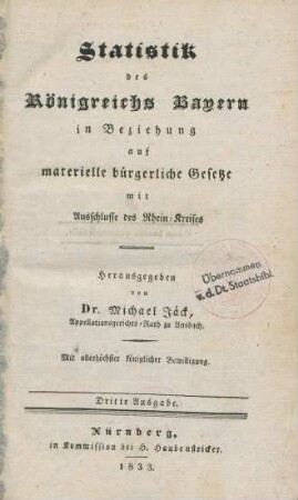 Statistik des Königreiches Bayern in Beziehung auf materielle bürgerliche Gesetze mit Ausschlusse des Rhein-Kreises