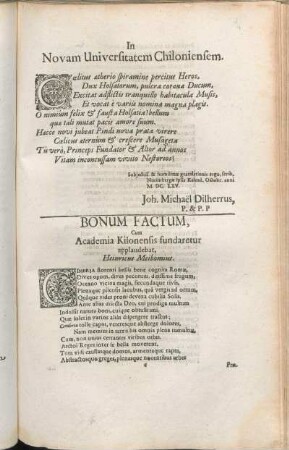 Bonum Factum, Cum Academia Kilonensis fundaretur applaudebat, Heinricus Meibomius.