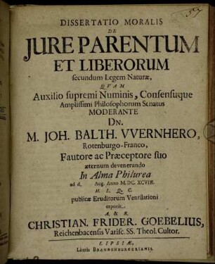 Dissertatio Moralis De Iure Parentum Et Liberorum : secundum Legem Naturae