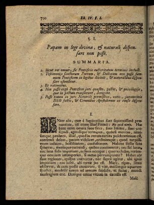 700-709, § I. Papam in lege divina, & naturali dispensere non posse
