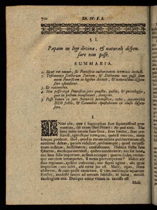 700-709, § I. Papam in lege divina, & naturali dispensere non posse