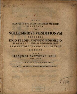 Illvstris Ivreconsvltorvm Ordinis Consensv De Sollemnibvs Venditionvm