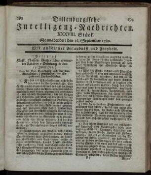XXXVIII. Stück. Sonnabends : den 16. September 1780.
