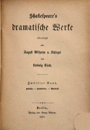 Shakspeare's dramatische Werke, 12. Othello. Cymbeline [u.a.]