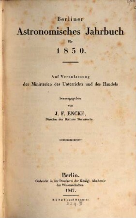 Berliner astronomisches Jahrbuch. 1850 = Bd. 75 (1847)