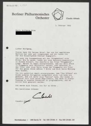 Brief an Wolfgang Rihm, 03.02.1993