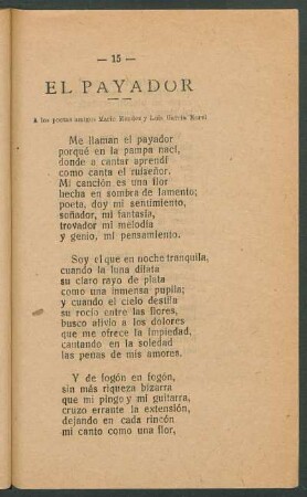 El payador : A los poetas amigos Mario Méndez y Luis García Morel