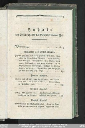 Inhalt des Ersten Theiles der Geschichte meiner Zeit.