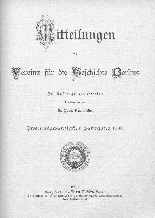 22.1905: Mitteilungen des Vereins für die Geschichte Berlins