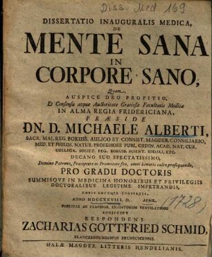 Dissertatio Inauguralis Medica, De Mente Sana In Corpore Sano