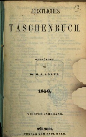 Aerztliches Taschenbuch. 4. 1856