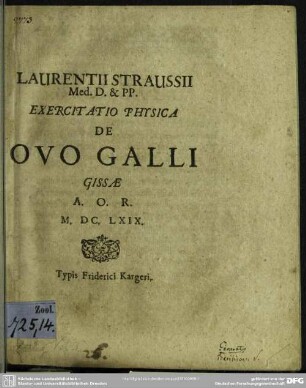 Laurentii Straussii ... exercitatio physica de ovo Galli