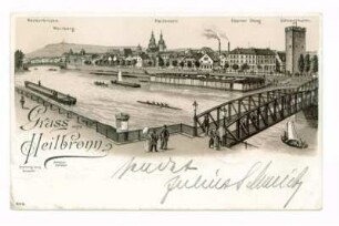 "Gruss aus Heilbronn" - Gesamtansicht, Blick von der Badstraße auf Eiserner Steg, Götzenturm, Badeanstalt Georg Linsenmeyer, Obere Neckarstraße, Neckarbrücke und Wartberg