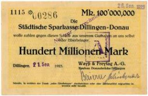 Geldschein / Notgeld, 100 Millionen Mark, 21.9.1923