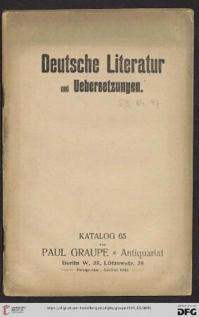 Nr. 65: Katalog / Paul Graupe, Antiquariat: Deutsche Literatur und Uebersetzungen