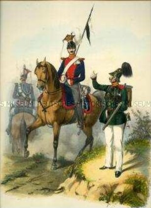 Uniformdarstellung, Ulan des 2. Garde-Ulanen-Regiments mit Lanzenflagge zu Pferd, Schütze des Garde-Schütze n-Regiments, Preußen 1843/1845. Aus: Sachse: Das Preussische Heer. Tafel 10.