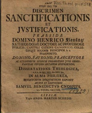 Discrimen Sanctificationis Et Jvstificationis [Iustificationis]