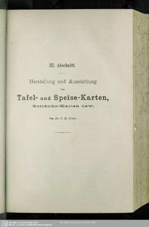 III. Abschnitt. Herstellung und Ausstattung von Tafel- und Speise-Karten, Getränke-Karten usw.