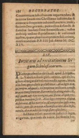 XIV. Invitatio ad recitationem legum Scholasticarum.