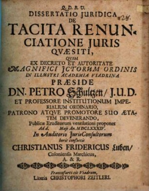 Dissertatio Juridica De Tacita Renunciatione Juris Quaesiti