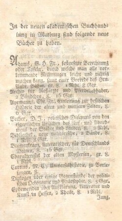 [Neue Bücher der akademischen Buchhandlung in Marburg.]