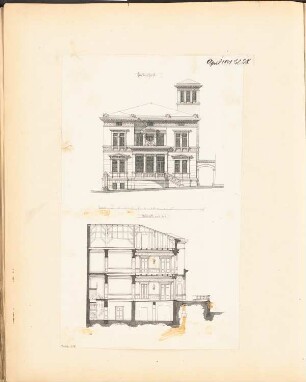 Villa, Gera Monatskonkurrenz April 1878: Aufriss Gartenansicht, Querschnitt; Maßstabsleiste