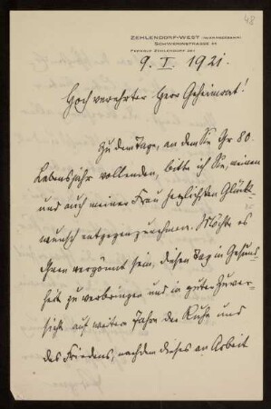 48: Brief von [...] Prym an Otto von Gierke, Berlin-Zehlendorf, 9.1.1921