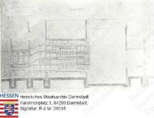 Darmstadt, Hoftheater / Schnitt durch Zuschauerraum und Vestibül des 2. Entwurfs von Gottfried Semper (1803-1879) für den Wiederaufbau des Hoftheaters nach dem Brand von 1871
