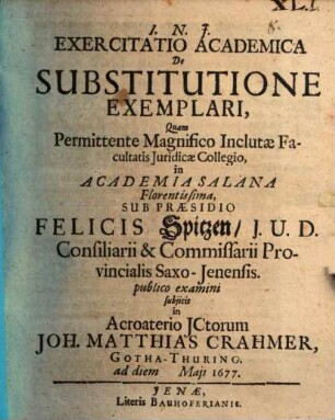Exercitatio Academica De Substitutione Exemplari