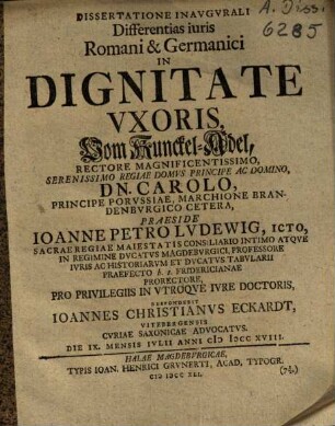 Dissertatione Inavgvrali Differentias iuris Romani & Germanici In Dignitate Vxoris, Vom Kunckel-Adel