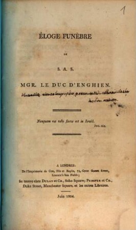 Eloge Funèbre de S. A. S. Mgr. Le Duc D'Enghien